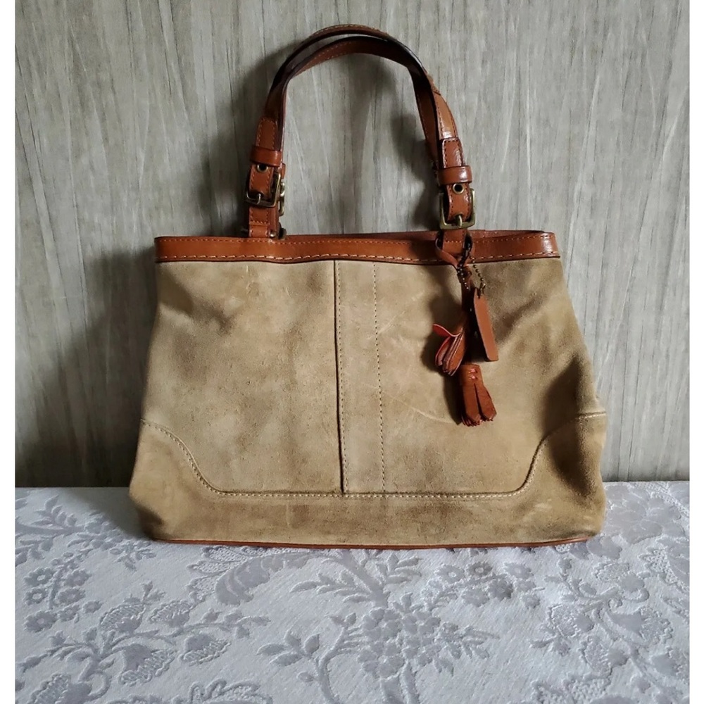 Vintage Coach Tan Suede Leather Bag Purse Tote Satchel Brown Hamptons